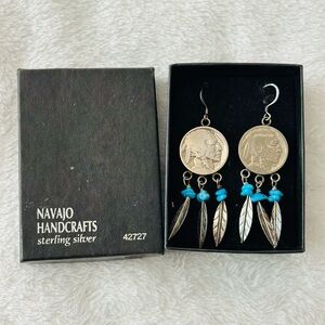Navajo Handcrafts Sterling Silver Buffalo Nickel Turquoise Feather Earrings